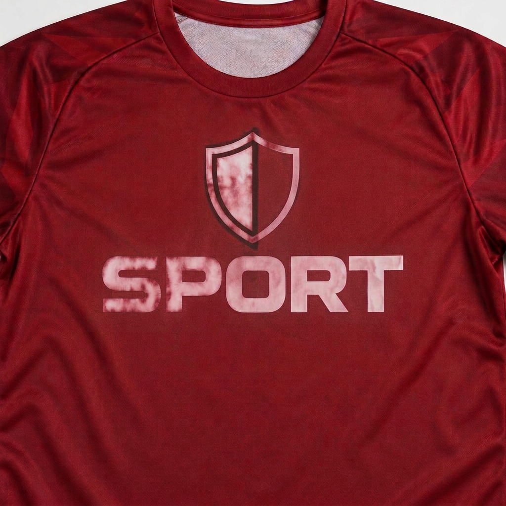 Maillot de sport rouge en polyester avec impression DTF blanche décolorée par migration des couleurs